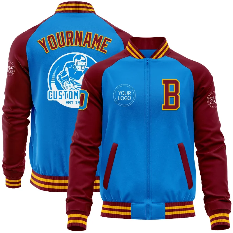 Light Zip Jacket for Spring and Fall-Custom Powder Blue Gold-Crimson Bomber Varsity Letterman Two Tone Zipper Jacket