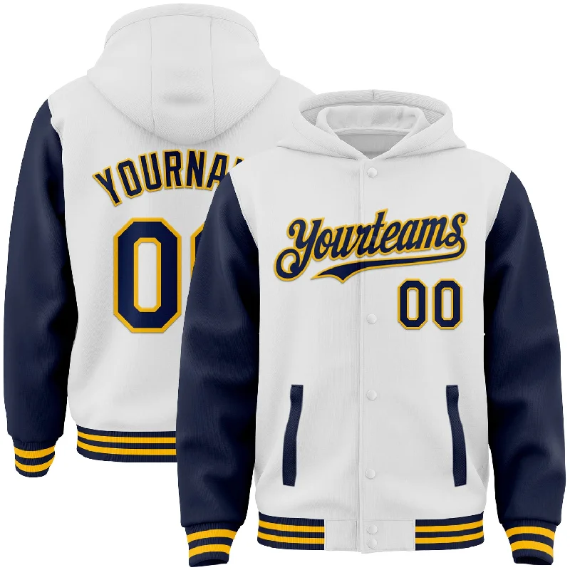 Stylish Hoodie for Urban Fashion-Custom White Navy-Gold Bomber Full-Snap Varsity Letterman Two Tone Hoodie Jacket