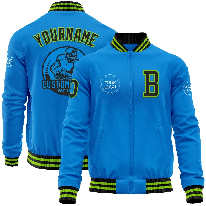 Stylish Puffy Jacket for Winter Warmth-Custom Powder Blue Black-Neon Green Bomber Varsity Letterman Zipper Jacket