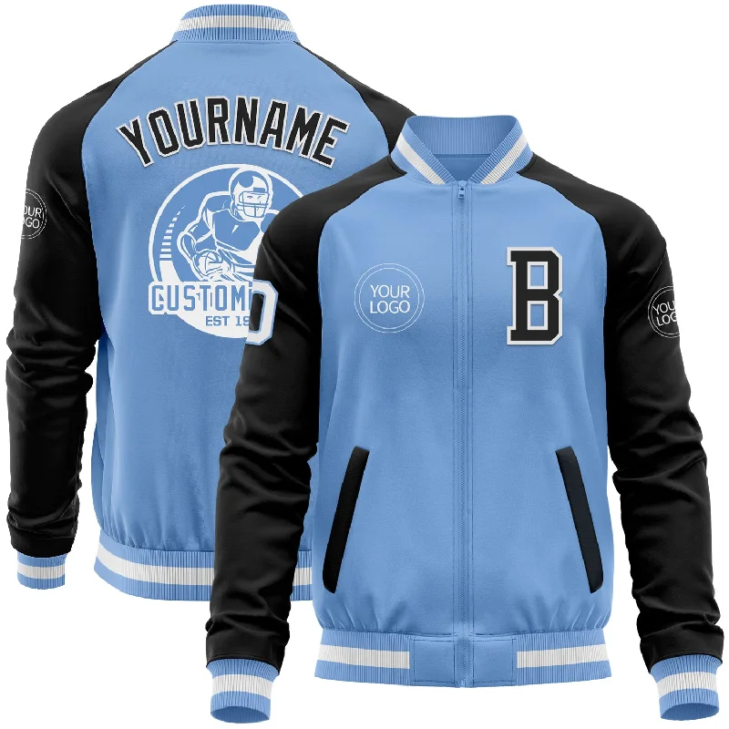 Urban Style Windbreaker Jacket for City Living-Custom Light Blue White-Black Bomber Varsity Letterman Two Tone Zipper Jacket