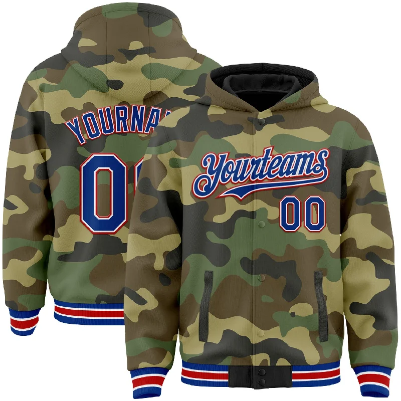 Stylish Zip-Up Hoodie for Casual Outfits-Custom Camo Royal-Red Bomber Full-Snap Varsity Letterman Salute To Service Hoodie Jacket