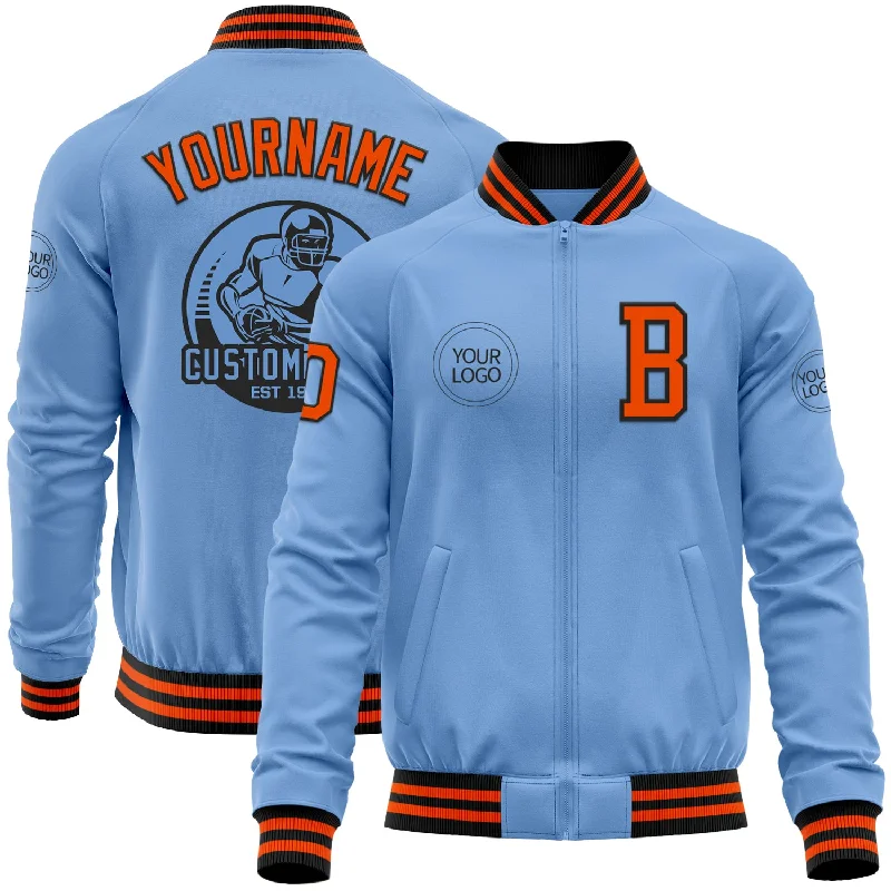 Cozy Fleece Jacket for Outdoor Comfort-Custom Light Blue Orange-Black Bomber Varsity Letterman Zipper Jacket