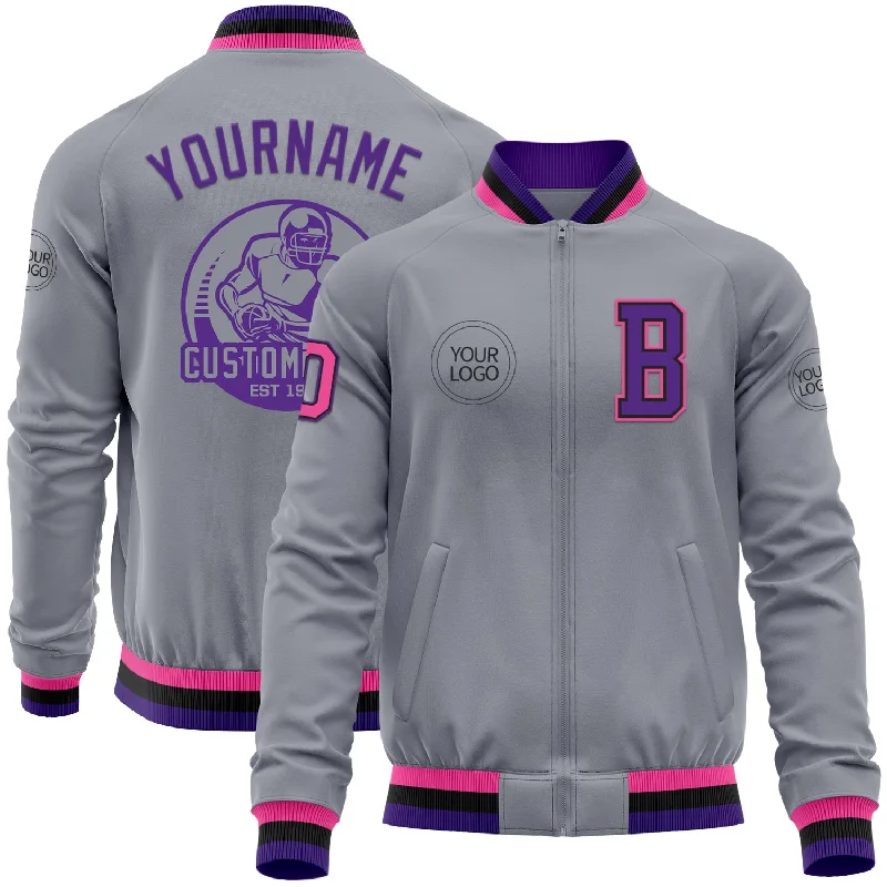 Soft Wool Jacket for Elegant Style-Custom Gray Pink Black-Purple Bomber Varsity Letterman Zipper Jacket