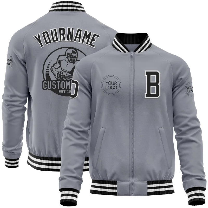 Sporty Zip-Up Jacket for Active Lifestyles-Custom Gray Black-White Bomber Varsity Letterman Zipper Jacket