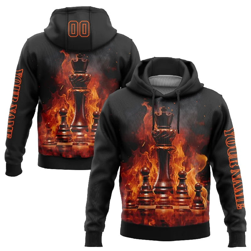 Soft Cotton Hoodie for Comfort All Day-Custom Stitched Black Orange 3D Flame Chess International Chess Day Sports Pullover Sweatshirt Hoodie