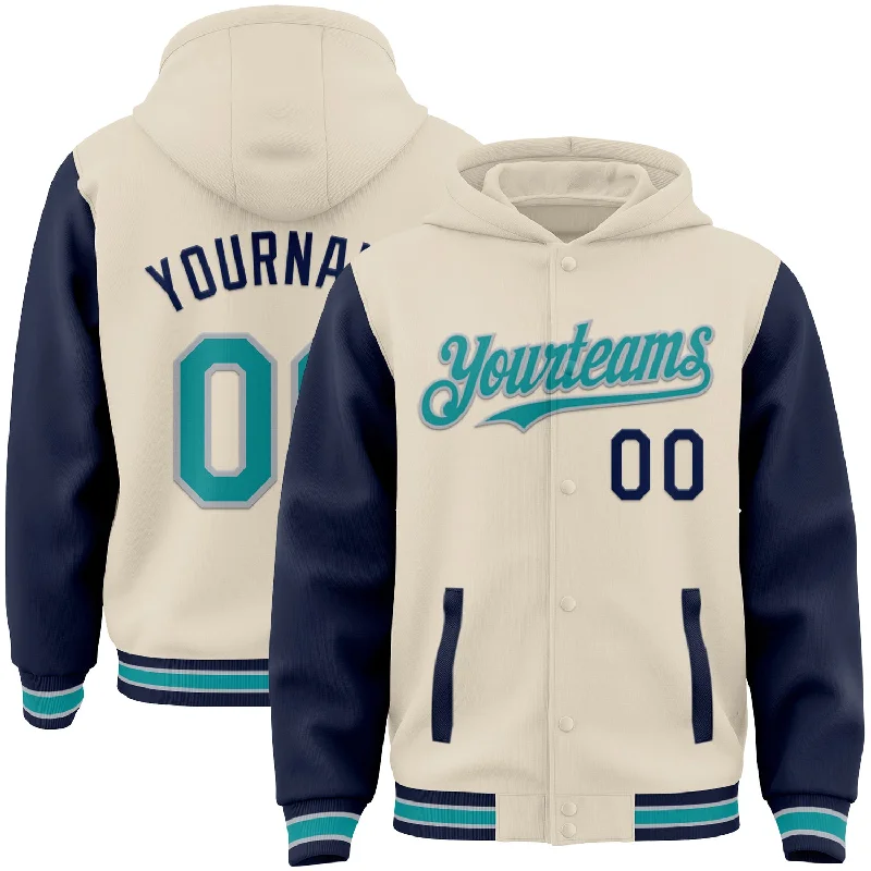 Lightweight Performance Hoodie for Running-Custom Cream Teal Navy-Gray Bomber Full-Snap Varsity Letterman Two Tone Hoodie Jacket