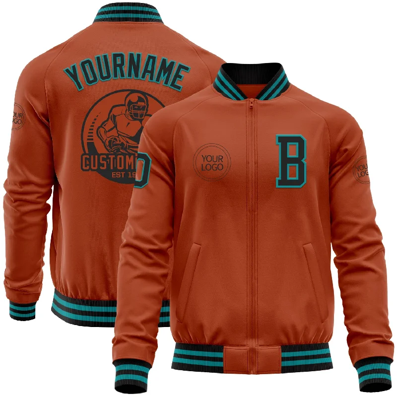 Waterproof Rain Jacket for Wet Weather-Custom Texas Orange Black-Teal Bomber Varsity Letterman Zipper Jacket