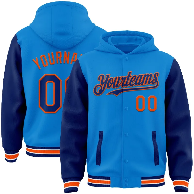 Warm Hoodie for Layering in Winter Weather-Custom Powder Blue Royal-Orange Bomber Full-Snap Varsity Letterman Two Tone Hoodie Jacket