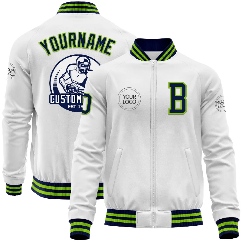 Reversible Jacket for Versatile Looks-Custom White Navy-Neon Green Bomber Varsity Letterman Zipper Jacket