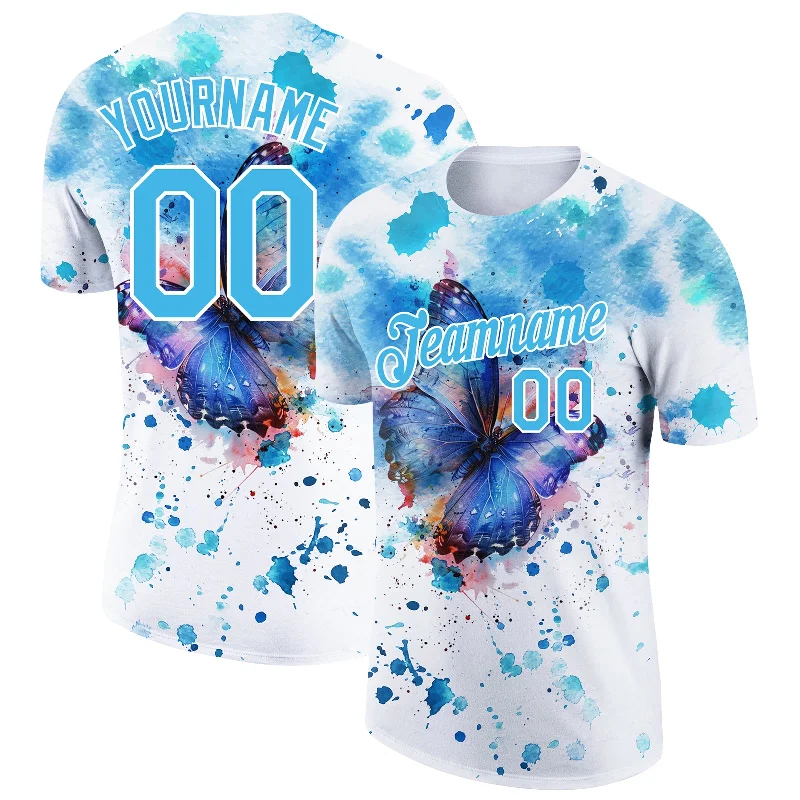 Trendy Graphic T-Shirt for Casual Outfits-Custom White Sky Blue 3D Pattern Design Butterfly And Watercolor Splash Performance T-Shirt