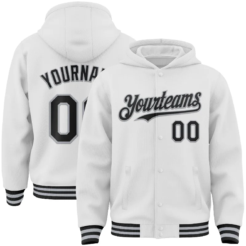 Lightweight Hooded Jacket for Cool Days-Custom White Black-Gray Bomber Full-Snap Varsity Letterman Hoodie Jacket