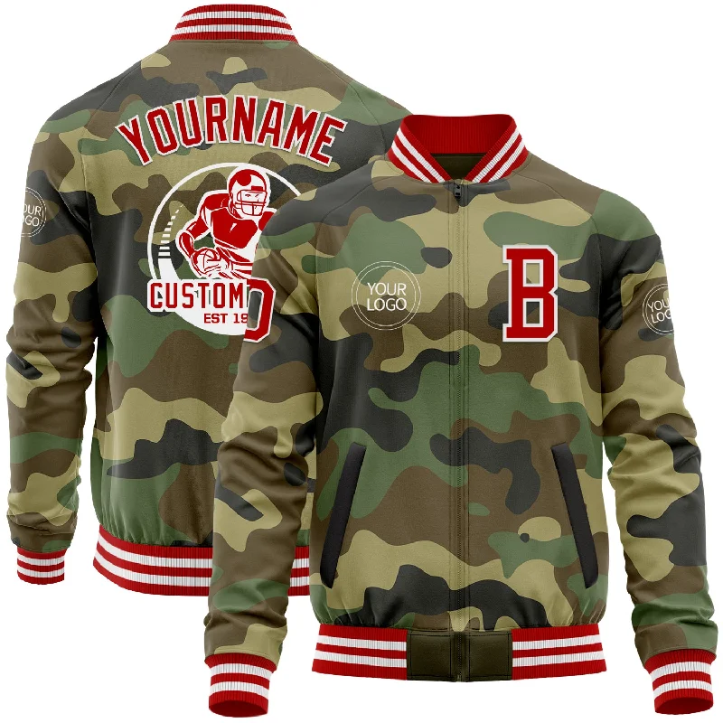 Utility Cargo Jacket for Practical Use-Custom Camo Red-White Bomber Varsity Letterman Salute To Service Zipper Jacket