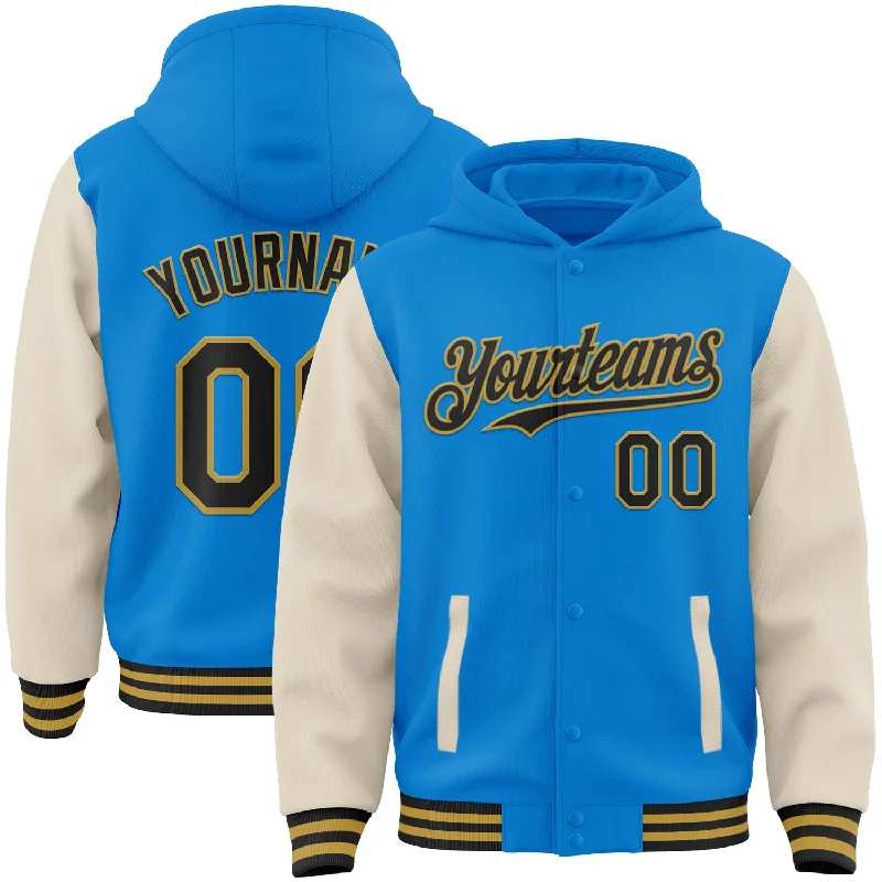 Premium Fleece Hoodie for Softness and Warmth-Custom Powder Blue Black Cream-Old Gold Bomber Full-Snap Varsity Letterman Two Tone Hoodie Jacket