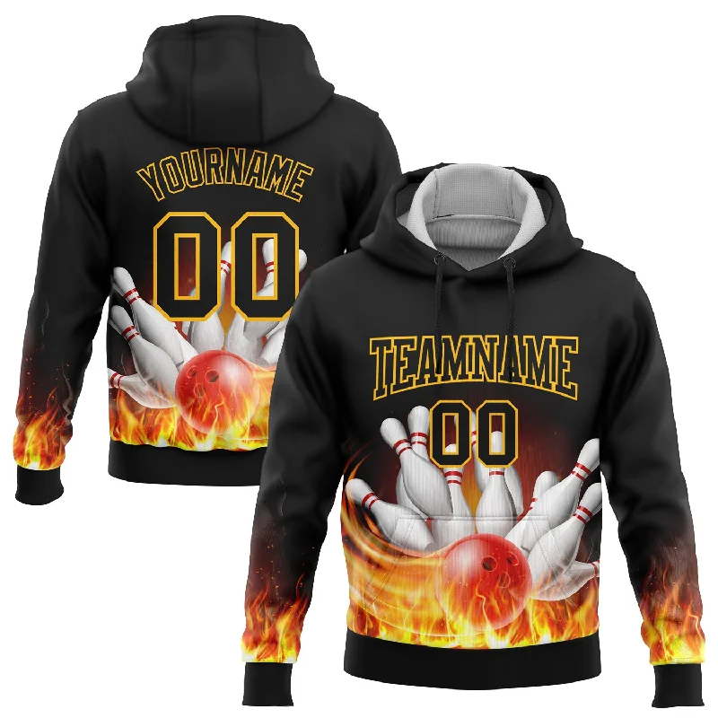 Retro-Inspired Hoodie for Vintage Look-Custom Stitched Black Gold 3D Flame Bowling Sports Pullover Sweatshirt Hoodie