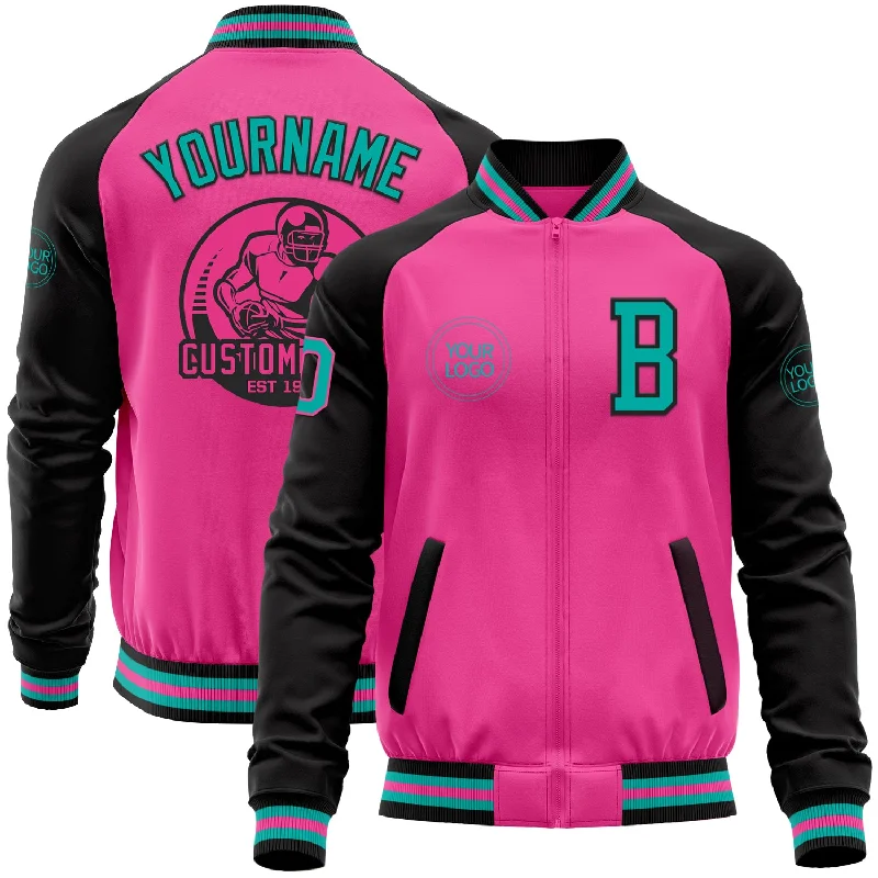 Soft Corduroy Jacket for Casual Comfort-Custom Pink Aqua-Black Bomber Varsity Letterman Two Tone Zipper Jacket