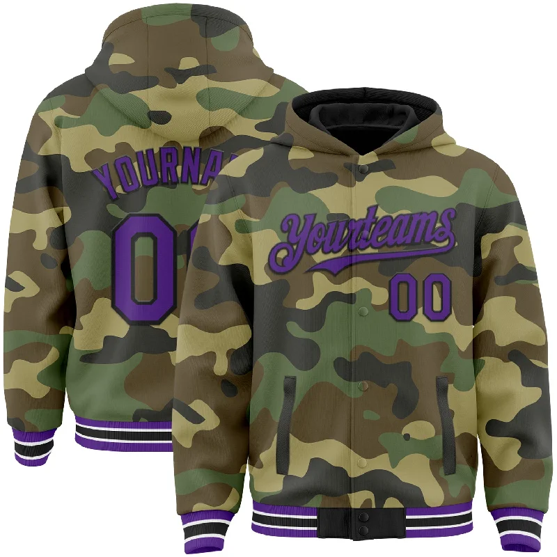 Fashionable Hoodie for Sporty and Casual Look-Custom Camo Purple-Black Bomber Full-Snap Varsity Letterman Salute To Service Hoodie Jacket