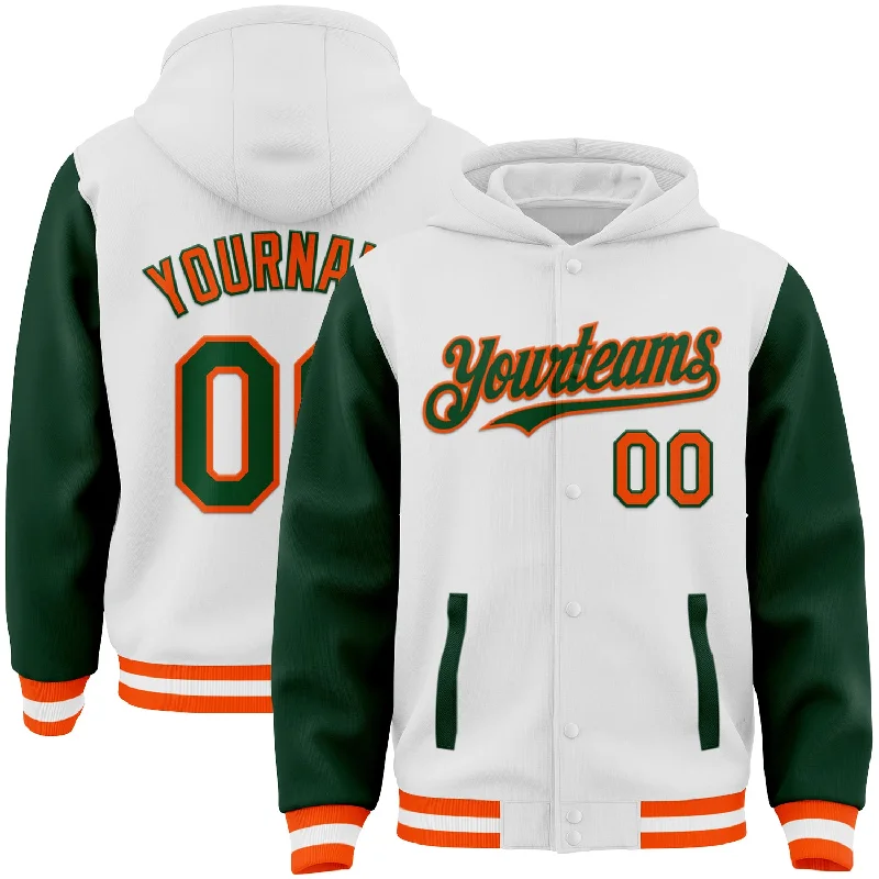 Stylish Hooded Pullover for Casual Outfits-Custom White Green-Orange Bomber Full-Snap Varsity Letterman Two Tone Hoodie Jacket