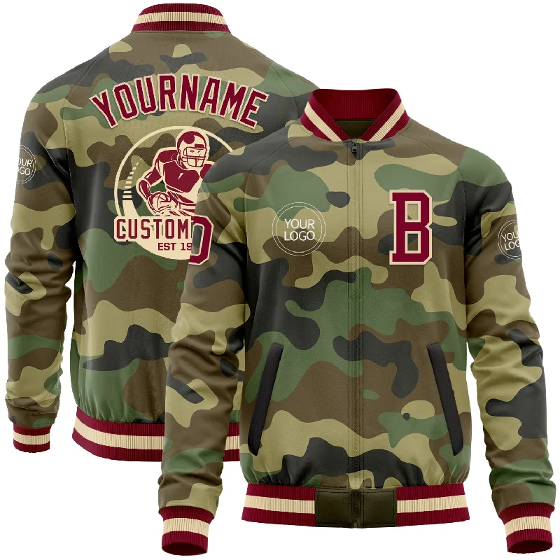 Stylish Cropped Jacket for Fashionable Look-Custom Camo Maroon-Cream Bomber Varsity Letterman Salute To Service Zipper Jacket