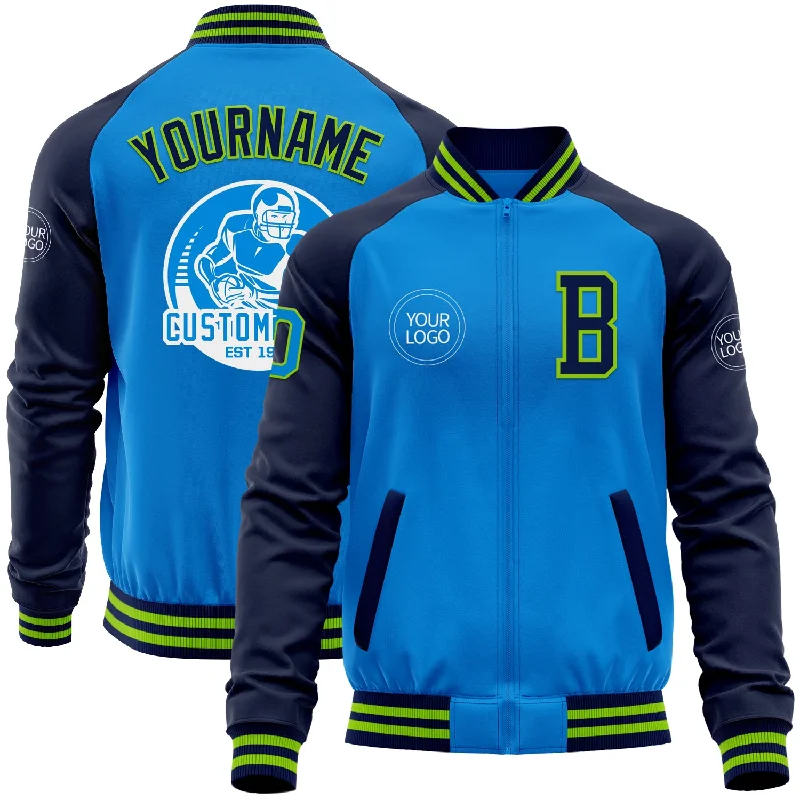 Warm Winter Jacket for Cold Weather-Custom Powder Blue Neon Green-Navy Bomber Varsity Letterman Two Tone Zipper Jacket