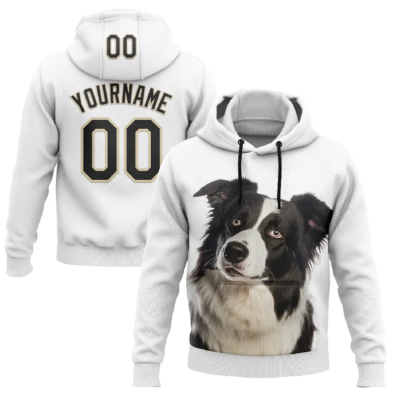 Athletic Hoodie for Training and Running-Custom Stitched White Black-Cream 3D Pattern Design Border Collie Sports Pullover Sweatshirt Hoodie