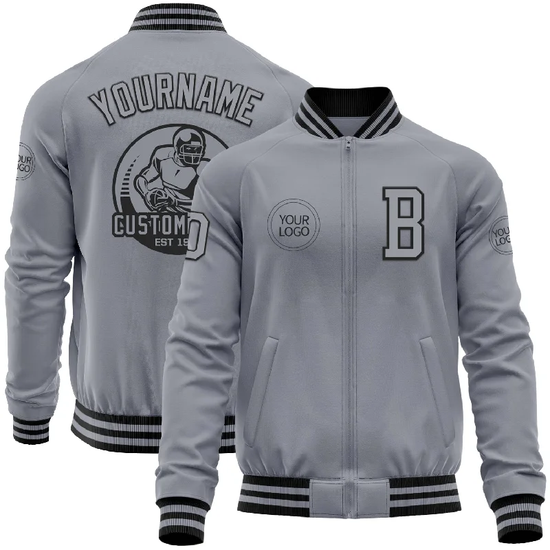 Warm Winter Jacket for Cold Weather-Custom Gray Black Bomber Varsity Letterman Zipper Jacket