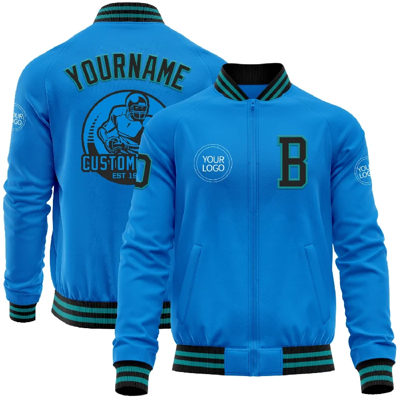 Casual Outdoor Jacket for Adventure Seekers-Custom Powder Blue Black-Teal Bomber Varsity Letterman Zipper Jacket