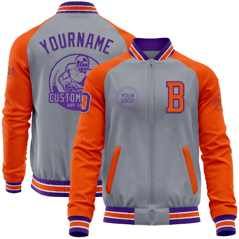 Slim-Fit Blazer Jacket for Smart-Casual Look-Custom Gray Purple-Orange Bomber Varsity Letterman Two Tone Zipper Jacket