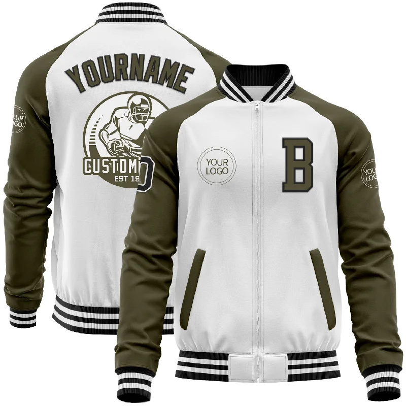 Sporty Zip-Up Athletic Jacket for Training-Custom White Black-Olive Bomber Varsity Letterman Two Tone Zipper Jacket