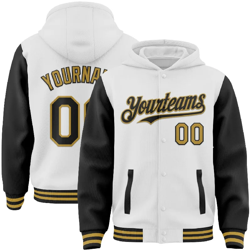 Comfortable Hoodie for All-Day Comfort-Custom White Black-Old Gold Bomber Full-Snap Varsity Letterman Two Tone Hoodie Jacket