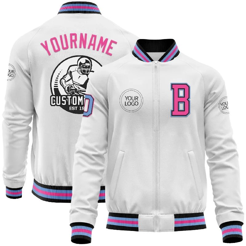 Warm Fleece-Lined Jacket for Winter Comfort-Custom White Light Blue Black-Pink Bomber Varsity Letterman Zipper Jacket