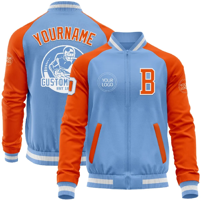 Comfortable Zip-Up Hoodie Jacket for Layering-Custom Light Blue White-Orange Bomber Varsity Letterman Two Tone Zipper Jacket