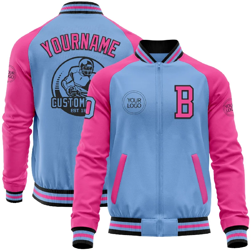 Trendy Colorblock Jacket for Bold Fashion-Custom Light Blue Black-Pink Bomber Varsity Letterman Two Tone Zipper Jacket