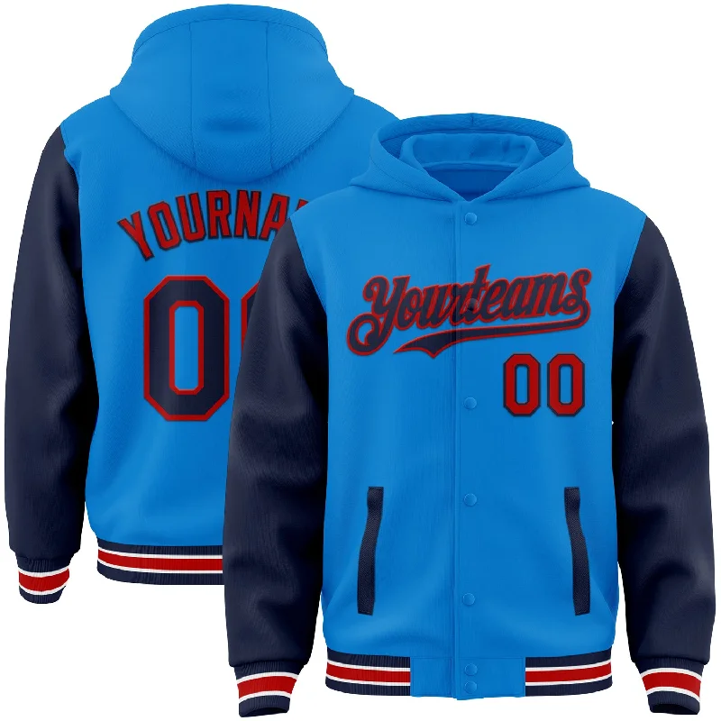 Casual Hoodie for Every Season-Custom Powder Blue Navy-Red Bomber Full-Snap Varsity Letterman Two Tone Hoodie Jacket