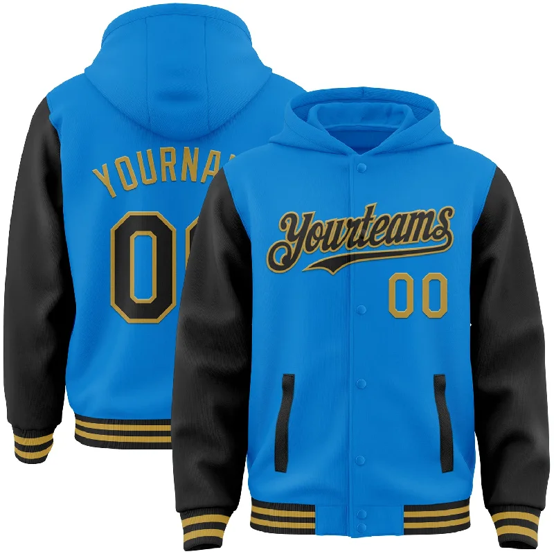 Lightweight Hooded Jacket for Cool Days-Custom Powder Blue Black-Old Gold Bomber Full-Snap Varsity Letterman Two Tone Hoodie Jacket