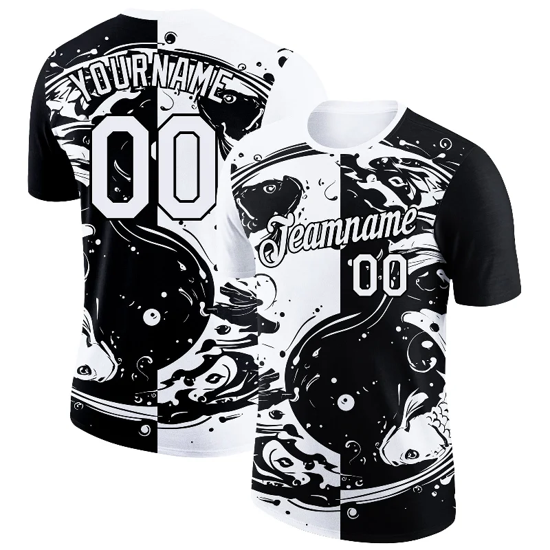 Bold Color Block T-Shirt for Statement Style-Custom Black White 3D Pattern Design Fishing Yin Yang Symbol With Swirling Fish Performance T-Shirt