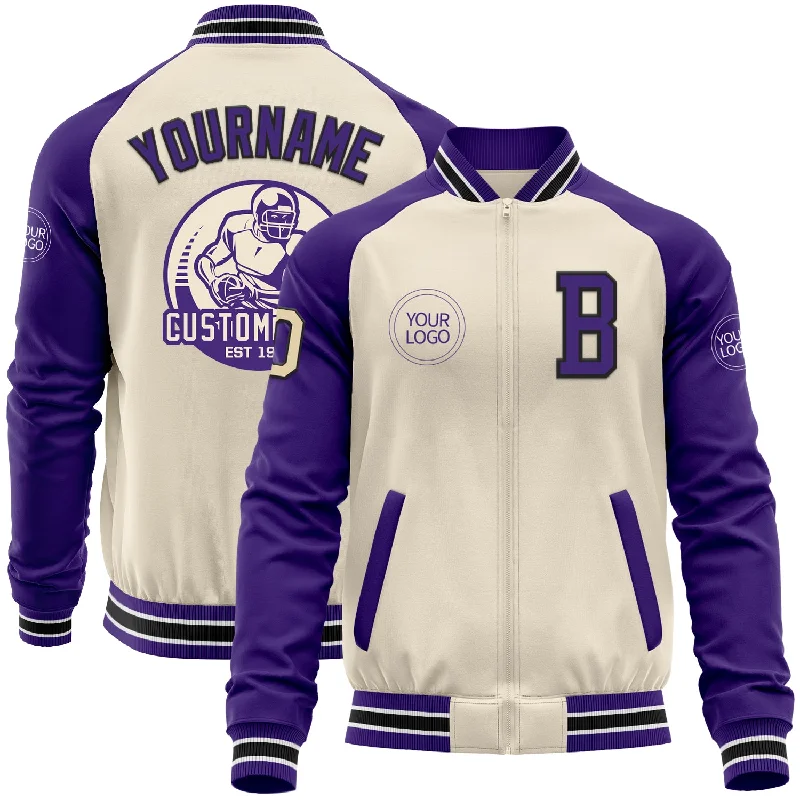 Cool Color-Blocked Jacket for Bold Outfits-Custom Cream Black Purple-White Bomber Varsity Letterman Two Tone Zipper Jacket