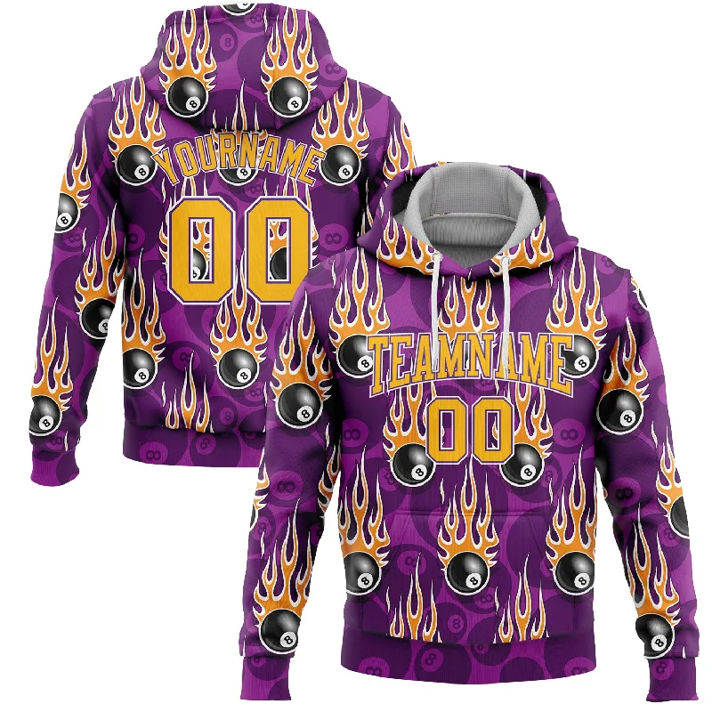 Soft Fleece Hoodie for Ultimate Comfort-Custom Stitched Purple Gold-White 3D Billiard Snooker 8 Ball With Hotrod Flame Sports Pullover Sweatshirt Hoodie