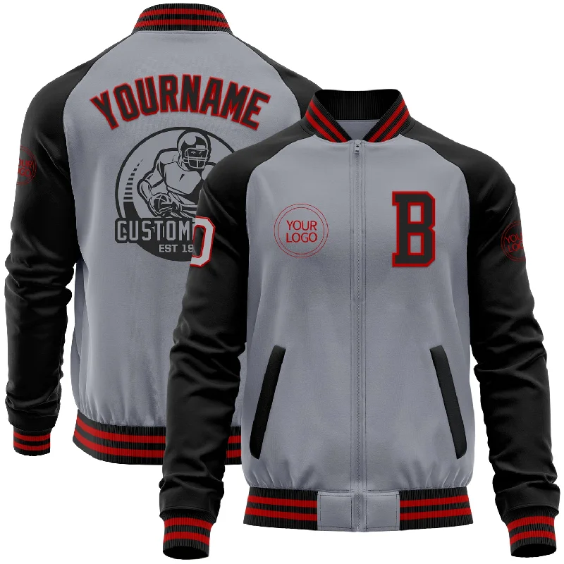 Classic Zip Jacket for Easy Everyday Wear-Custom Gray Red-Black Bomber Varsity Letterman Two Tone Zipper Jacket