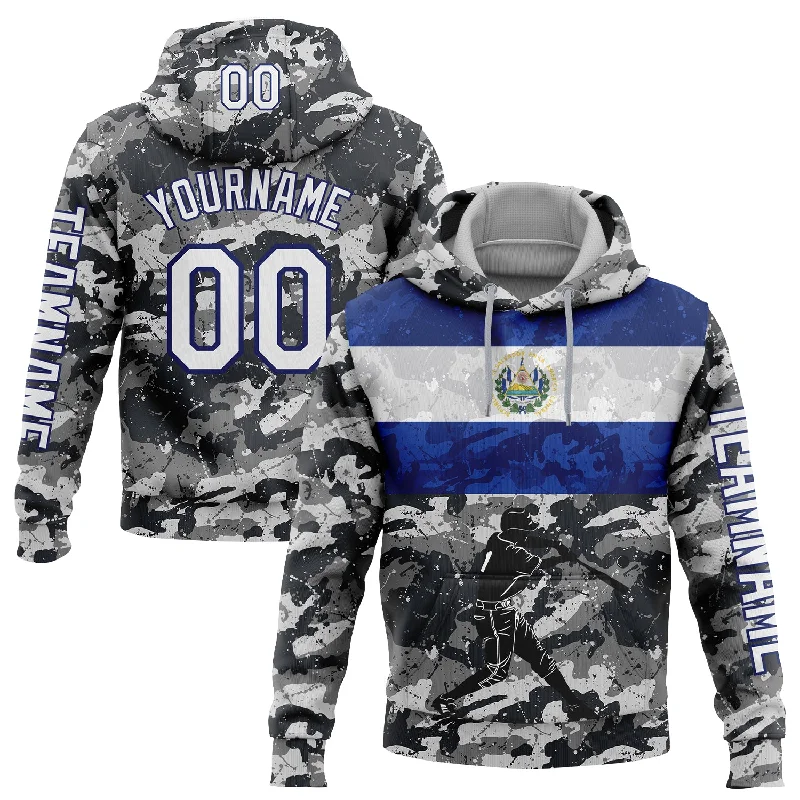 Graphic Print Hoodie for Creative Look-Custom Stitched Camo White-Navy 3D El Salvador El Salvadoran Flag Sports Pullover Sweatshirt Salute To Service Hoodie