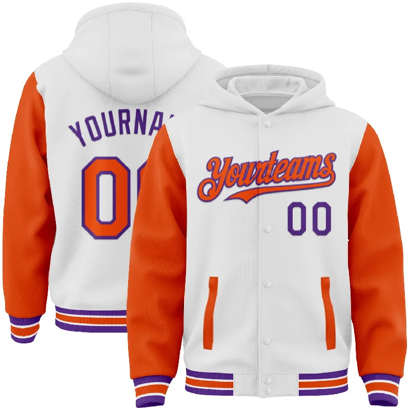 Simple Hoodie for Easy Everyday Wear-Custom White Orange-Purple Bomber Full-Snap Varsity Letterman Two Tone Hoodie Jacket