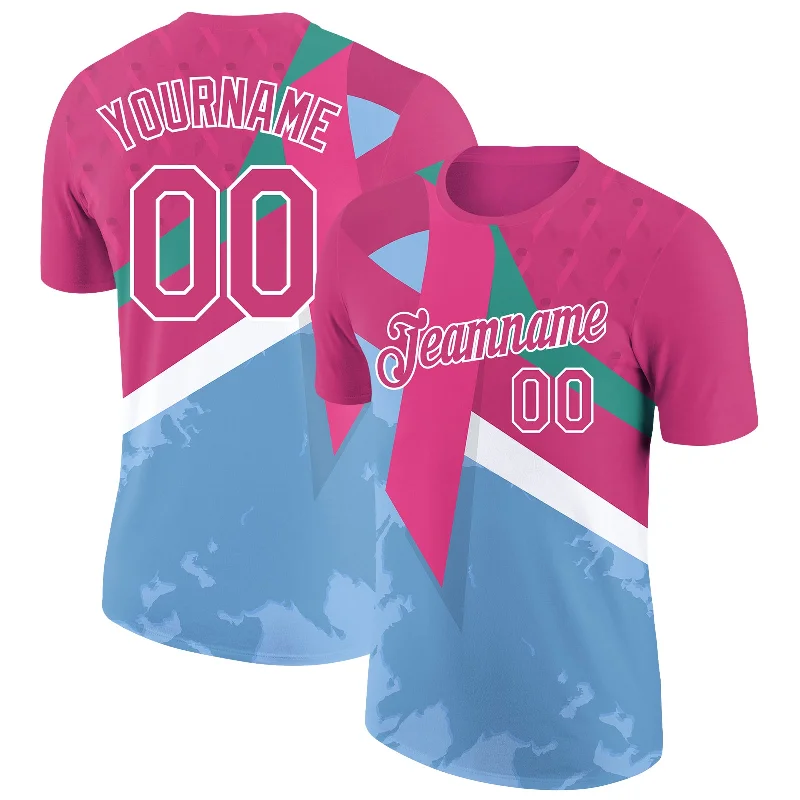 Soft Cotton V-Neck T-Shirt for Lightweight Wear-Custom Hot Pink Light Blue-White 3D Pink Ribbon Breast Cancer Performance T-Shirt