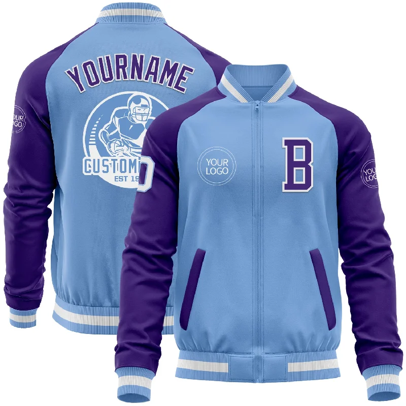 Fashionable Faux Fur Jacket for Winter Warmth-Custom Light Blue White-Purple Bomber Varsity Letterman Two Tone Zipper Jacket