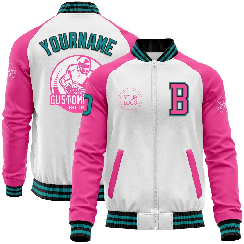 Stylish Utility Jacket for Practical Fashion-Custom White Teal Black-Pink Bomber Varsity Letterman Two Tone Zipper Jacket