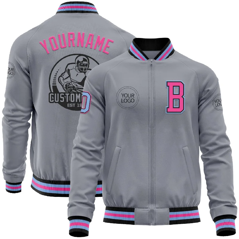 Light Zip Jacket for Spring and Fall-Custom Gray Light Blue Black-Pink Bomber Varsity Letterman Zipper Jacket