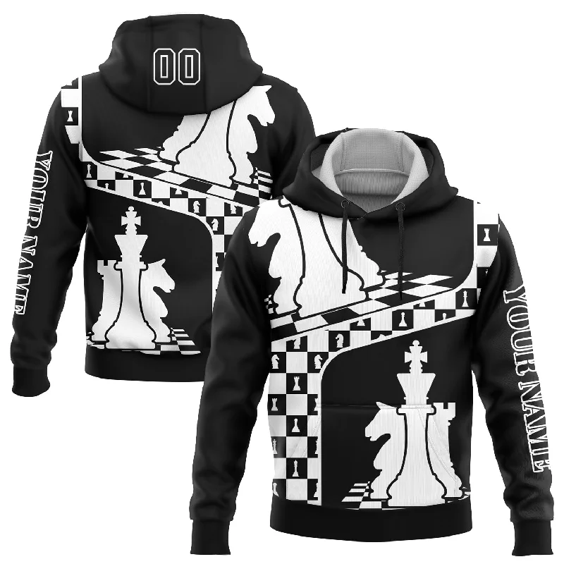 Warm Fleece Lined Hoodie for Winter Protection-Custom Stitched Black White 3D Chess International Chess Day Sports Pullover Sweatshirt Hoodie