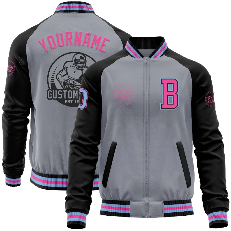 Warm Down Jacket for Cold Outdoor Activities-Custom Gray Light Blue Black-Pink Bomber Varsity Letterman Two Tone Zipper Jacket