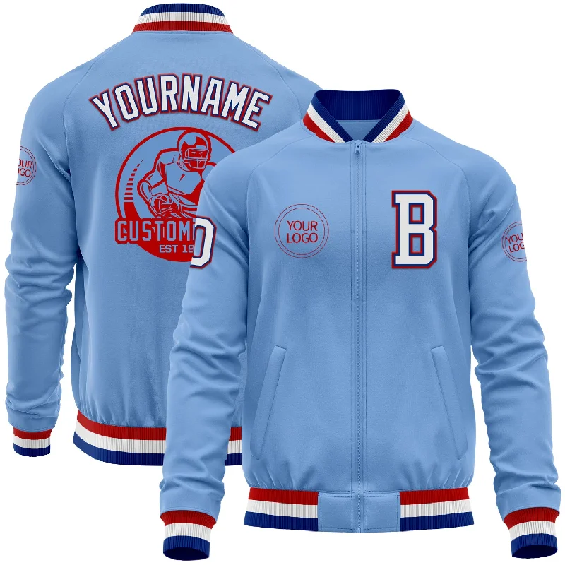 Warm Sherpa Jacket for Cold Temperatures-Custom Light Blue Royal-Red Bomber Varsity Letterman Zipper Jacket