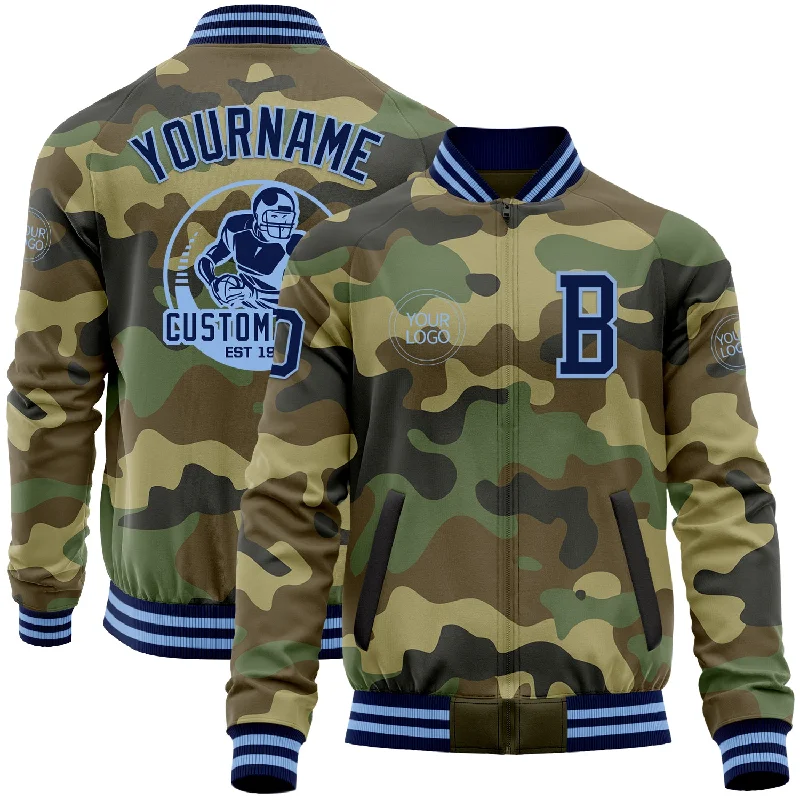 Soft Cashmere Blend Jacket for Luxurious Feel-Custom Camo Navy-Light Blue Bomber Varsity Letterman Salute To Service Zipper Jacket