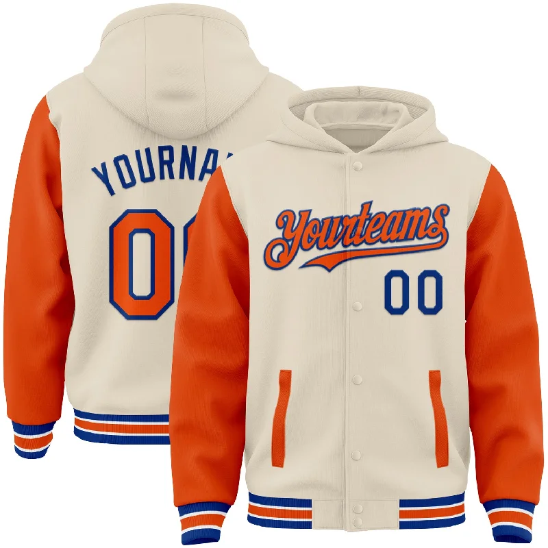 Soft Fleece Hoodie for Ultimate Comfort-Custom Cream Orange Royal-White Bomber Full-Snap Varsity Letterman Two Tone Hoodie Jacket