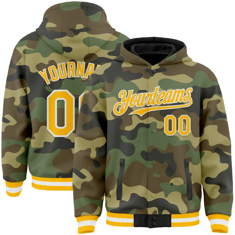 Cozy Hoodie for Layering in Fall and Winter-Custom Camo Gold-White Bomber Full-Snap Varsity Letterman Salute To Service Hoodie Jacket